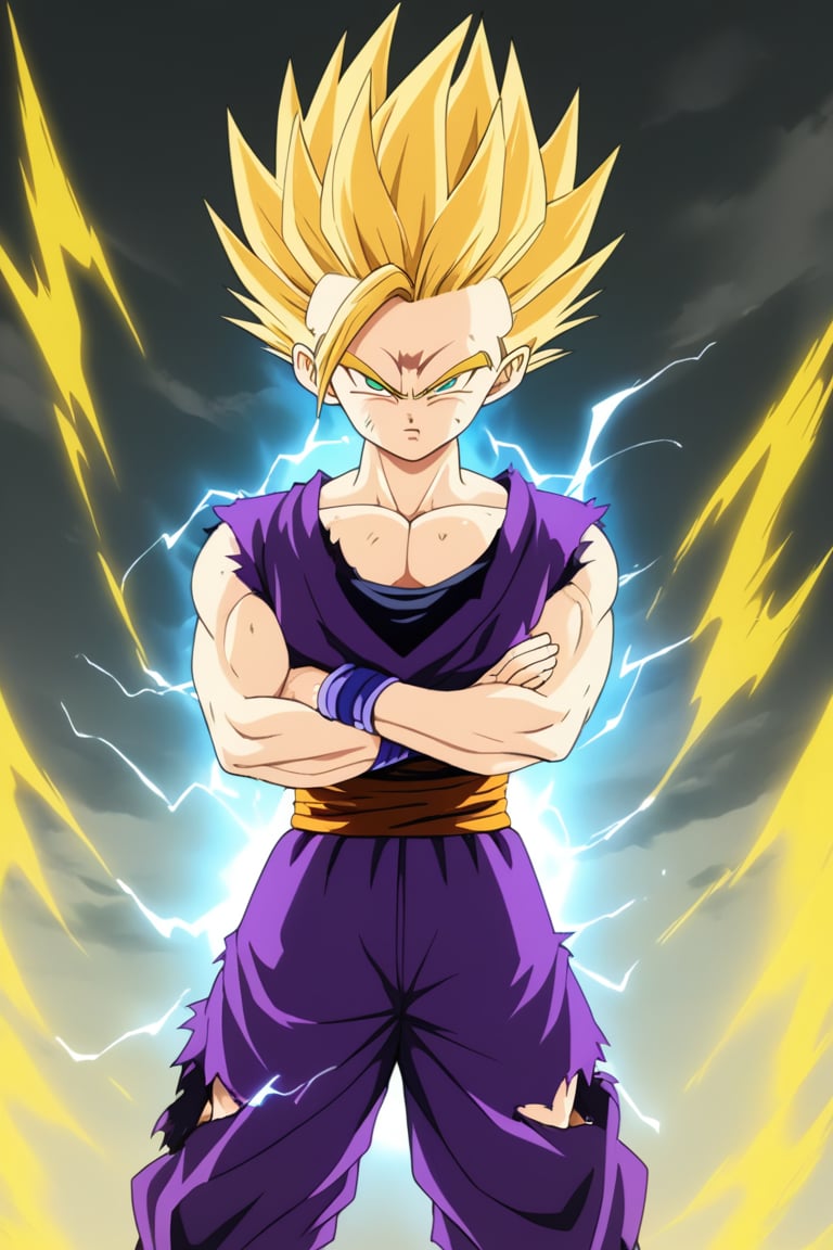 1boy,gohan,super saiyan 2,purple dougi,green eyes,,blonde_hair,yellow aura,electricity,ki,serious,cowboy_shot,(masterpiece,best quality,detailed,highres),detailed_face,dark_colors,arms_crossed,purple_clothes