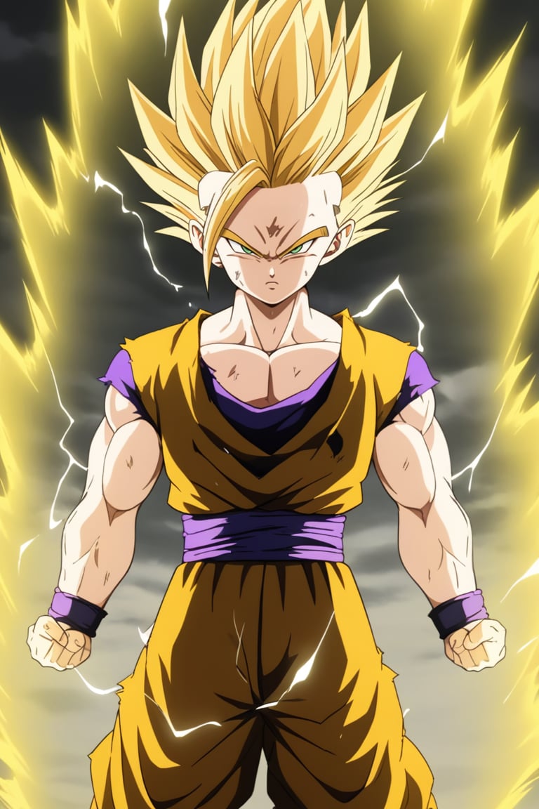 1boy,gohan,super saiyan 2,purple dougi,green eyes,,blonde_hair,yellow aura,electricity,ki,serious,cowboy_shot,clenced fists,(masterpiece,best quality,detailed,highres),detailed_face,dark_colors,arms_at_sides