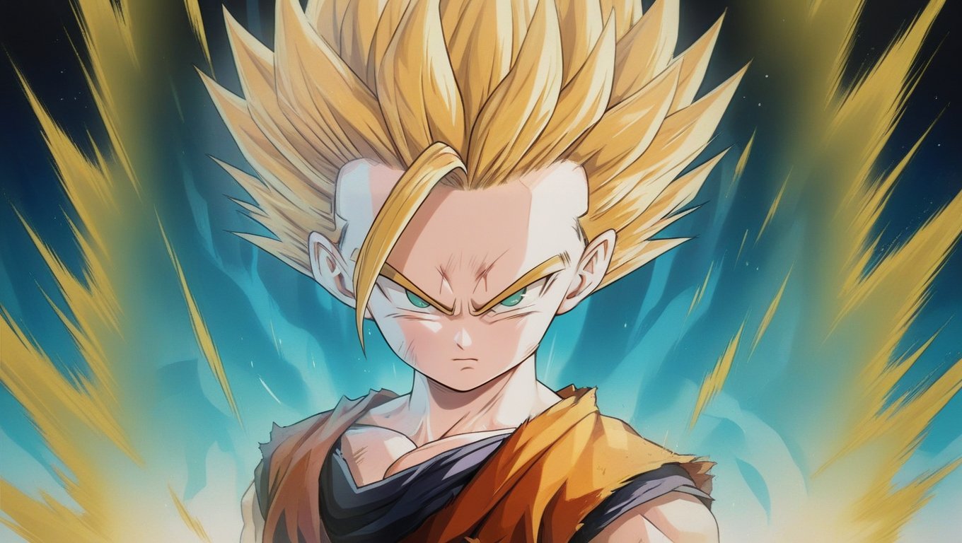 a powerful and intense portrait of Gohan in his Super Saiyan 2 form, with blonde long hair, a serious expression, and a confident, attacking pose, inspired by classic anime art style, vibrant colors, and dynamic composition.,gohan