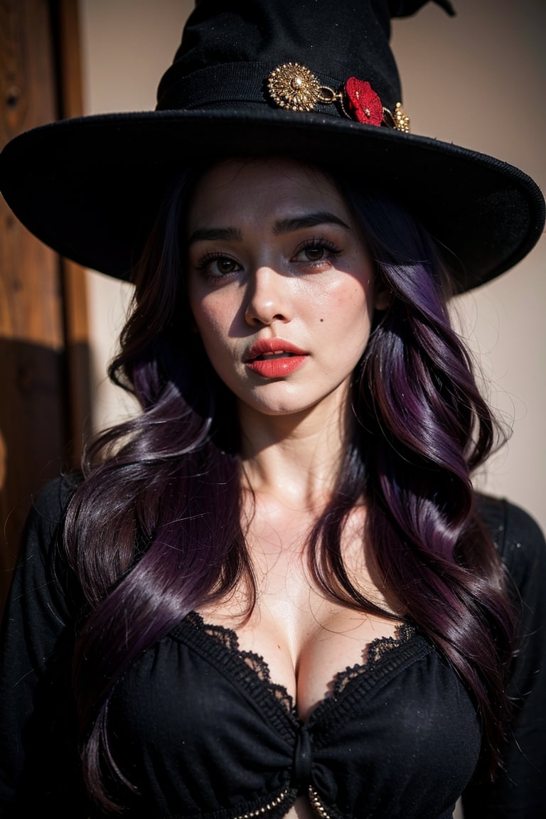 Close up Realistic, Beautiful witch with Purple hair , Scare Face