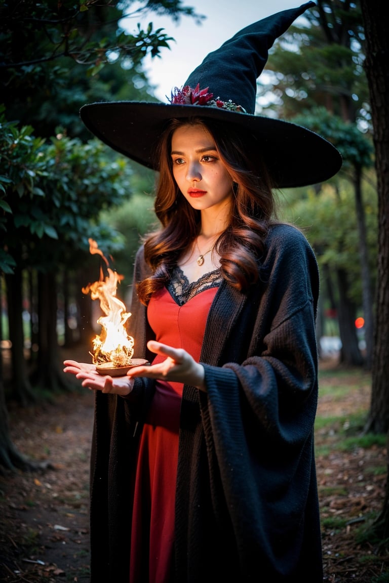 Realistic Portrait, Beautiful witch with red hair ,fantasy dress, Forest , Holding a Magic Stuff casting fire spell