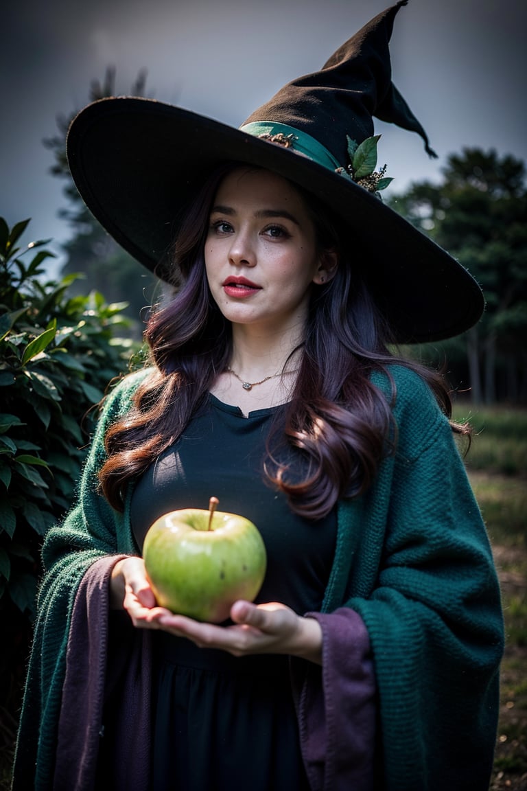 Portrait Realistic, Beautiful Old witch with Purple hair , holding apple ,Green dress , Darkness Forest , (Thick fog:1.3)