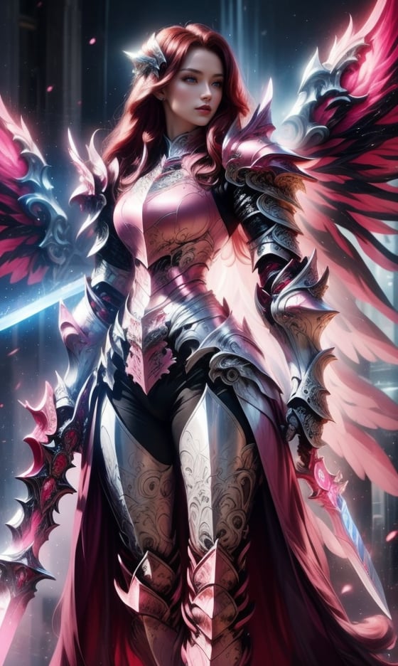 Character design, 1 girl, warrior of Xian, slim body, medium chest, skinny waist, ((long deep red hair)). blue eyes. (((pink fantasy a female knight in a pink full armor))), (((big pauldrons, intricate details))), (((large armor wings))), (((advanced weapon fantasy plasma sword in right hand))), (standing), plain gray background, masterpiece, HD high quality, 8K ultra high definition, ultra definition,