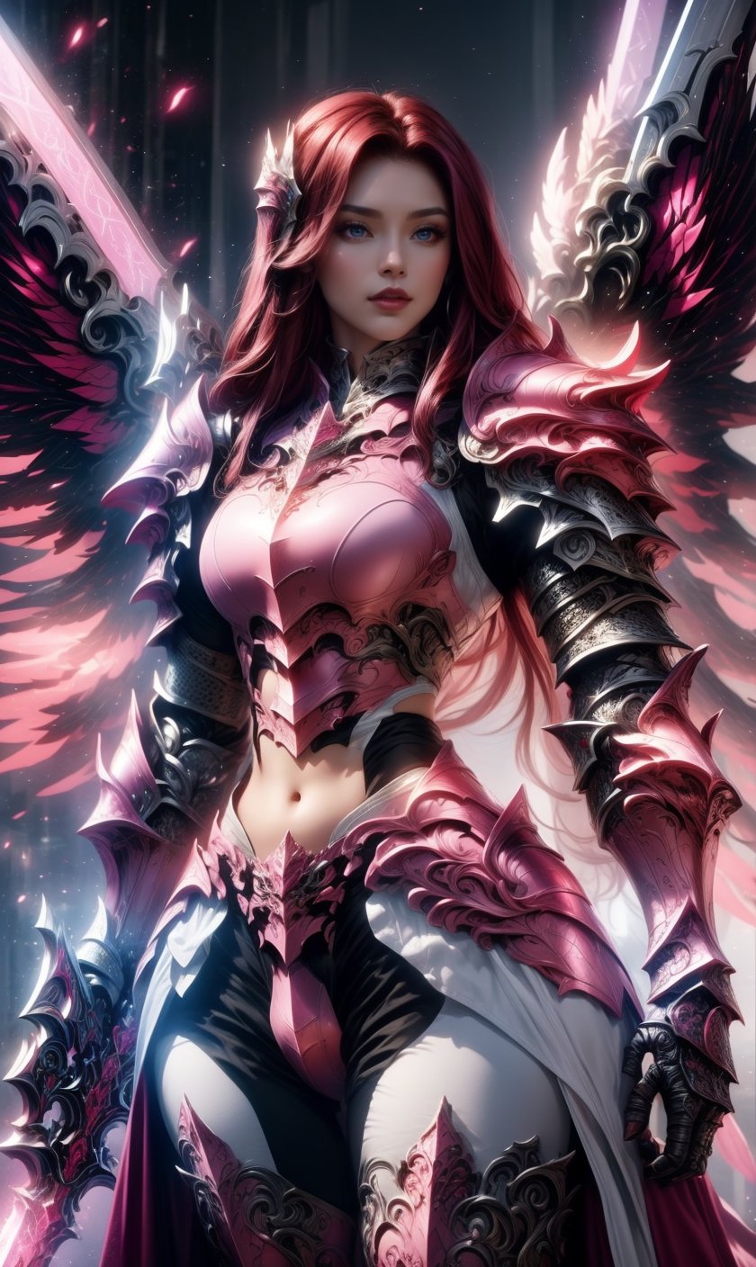 Character design, 1 girl, warrior of Xian, slim body, medium chest, skinny waist, ((long deep red hair)). blue eyes. (((pink fantasy a female knight in a pink full armor))), (((big pauldrons, intricate details))), (((large armor wings))), (((advanced weapon fantasy plasma sword in right hand))), (standing), plain gray background, masterpiece, HD high quality, 8K ultra high definition, ultra definition,