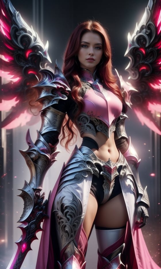 Character design, 1 girl, warrior of Xian, slim body, medium chest, skinny waist, ((long deep red hair)). blue eyes. (((pink fantasy a female knight in a pink full armor))), (((big pauldrons, intricate details))), (((large armor wings))), (((advanced weapon fantasy plasma sword in right hand))), (standing), ((front view)), plain gray background, masterpiece, HD high quality, 8K ultra high definition, ultra definition,