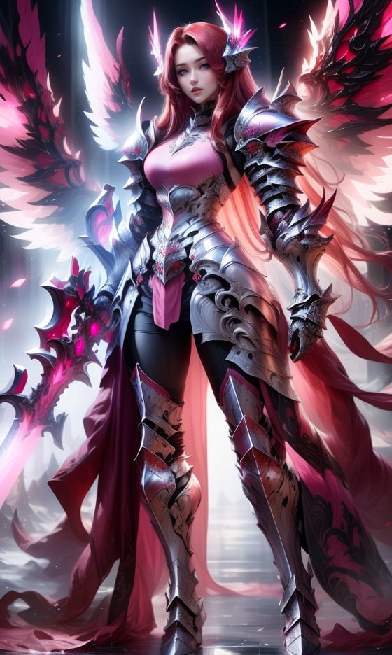 Character design, 1 girl, warrior of Xian, slim body, medium chest, skinny waist, ((long deep red hair)). blue eyes. (((pink fantasy a female knight in a pink full armor))), (((big pauldrons, intricate details))), (((large armor wings))), (((advanced weapon fantasy plasma sword in right hand))), (standing), plain gray background, masterpiece, HD high quality, 8K ultra high definition, ultra definition,