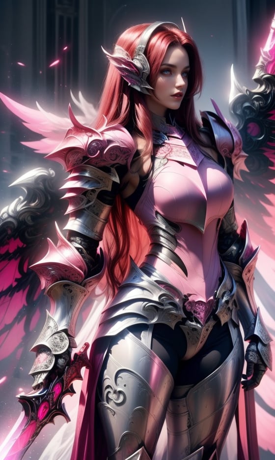 Character design, 1 girl,, slim body, medium chest, skinny waist, ((long deep red hair)). blue eyes. (((pink fantasy a female knight in a pink full armor))), (((big pauldrons, intricate details))), (((large armor wings))), (((advanced weapon fantasy plasma sword in right hand))), (standing), ((front view)), plain gray background, masterpiece, HD high quality, 8K ultra high definition, ultra definition,