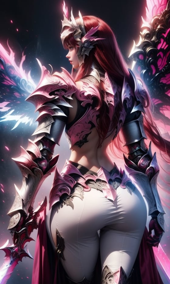 Character design, 1 girl, warrior of Xian, slim body, medium chest, skinny waist, ((long deep red hair)). blue eyes. (((pink fantasy a female knight in a pink full armor))), (((big pauldrons, intricate details))), (((large armor wings))), (((advanced weapon fantasy plasma sword in right hand))), (standing), ((back body view)), plain gray background, masterpiece, HD high quality, 8K ultra high definition, ultra definition,