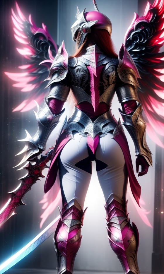 Character design, 1 girl, warrior of Xian, slim body, medium chest, skinny waist, ((long deep red hair)). blue eyes. (((pink fantasy a female knight in a pink full armor))), (((big pauldrons, intricate details))), (((large armor wings))), (((advanced weapon fantasy plasma sword in right hand))), (standing), ((back body view)), plain gray background, masterpiece, HD high quality, 8K ultra high definition, ultra definition,