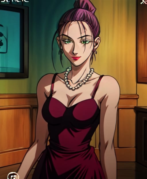 1girl, breasts, large breasts, 1boy, dress, cleavage, jewelry, green eyes, ponytail, purple hair, necklace, makeup, lipstick, fake screenshot, dre