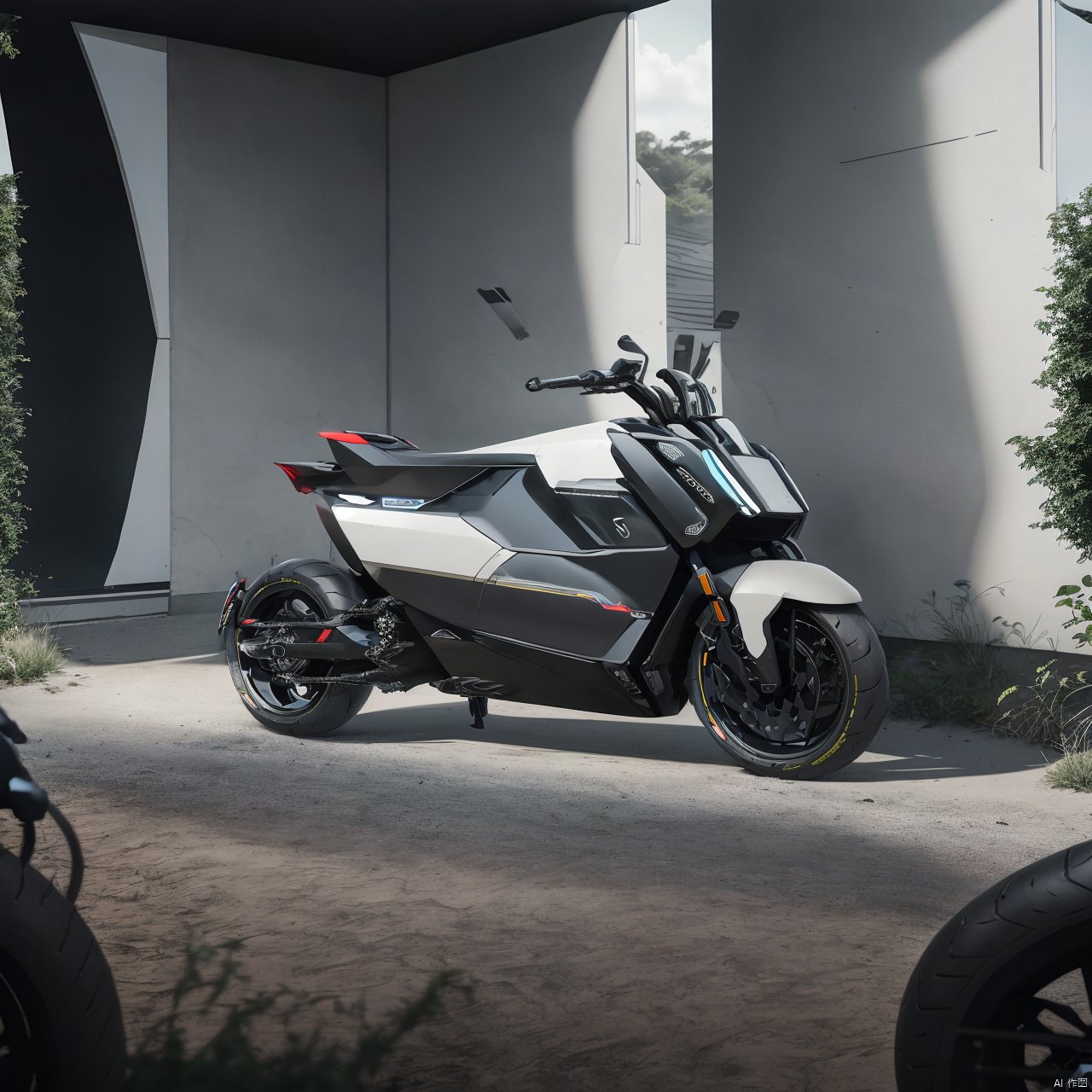  outdoors, no humans, ground vehicle, motor vehicle, car, road, vehicle focus, wheel,Realistic, 4k rendering, futuristic, sci-fi., Motorbike