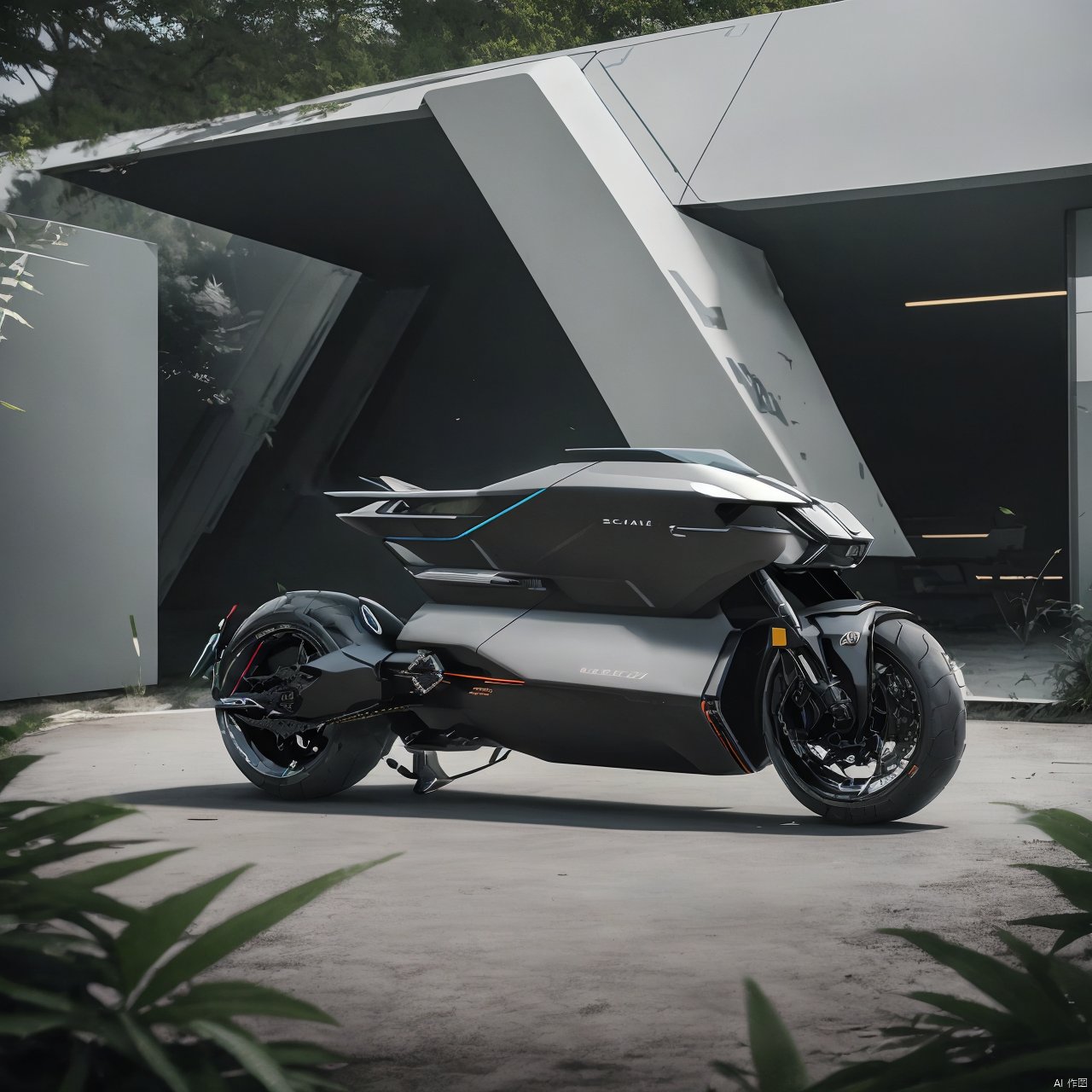  outdoors, no humans, ground vehicle, motor vehicle, car, road, vehicle focus, wheel,Realistic, 4k rendering, futuristic, sci-fi., Motorbike