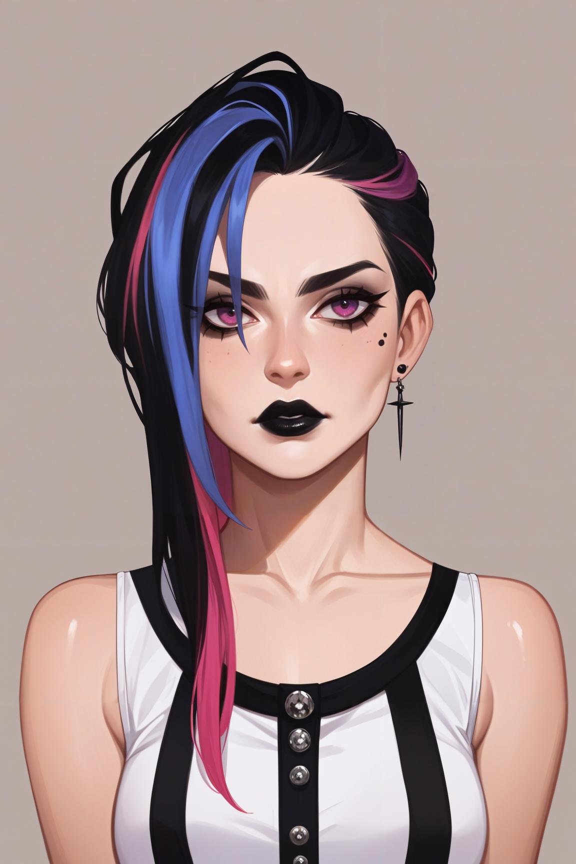 score_9, score_8_up, score_7_up, 1girl,solo,upper body, portrait,multicolored hair,goth girl,black lips