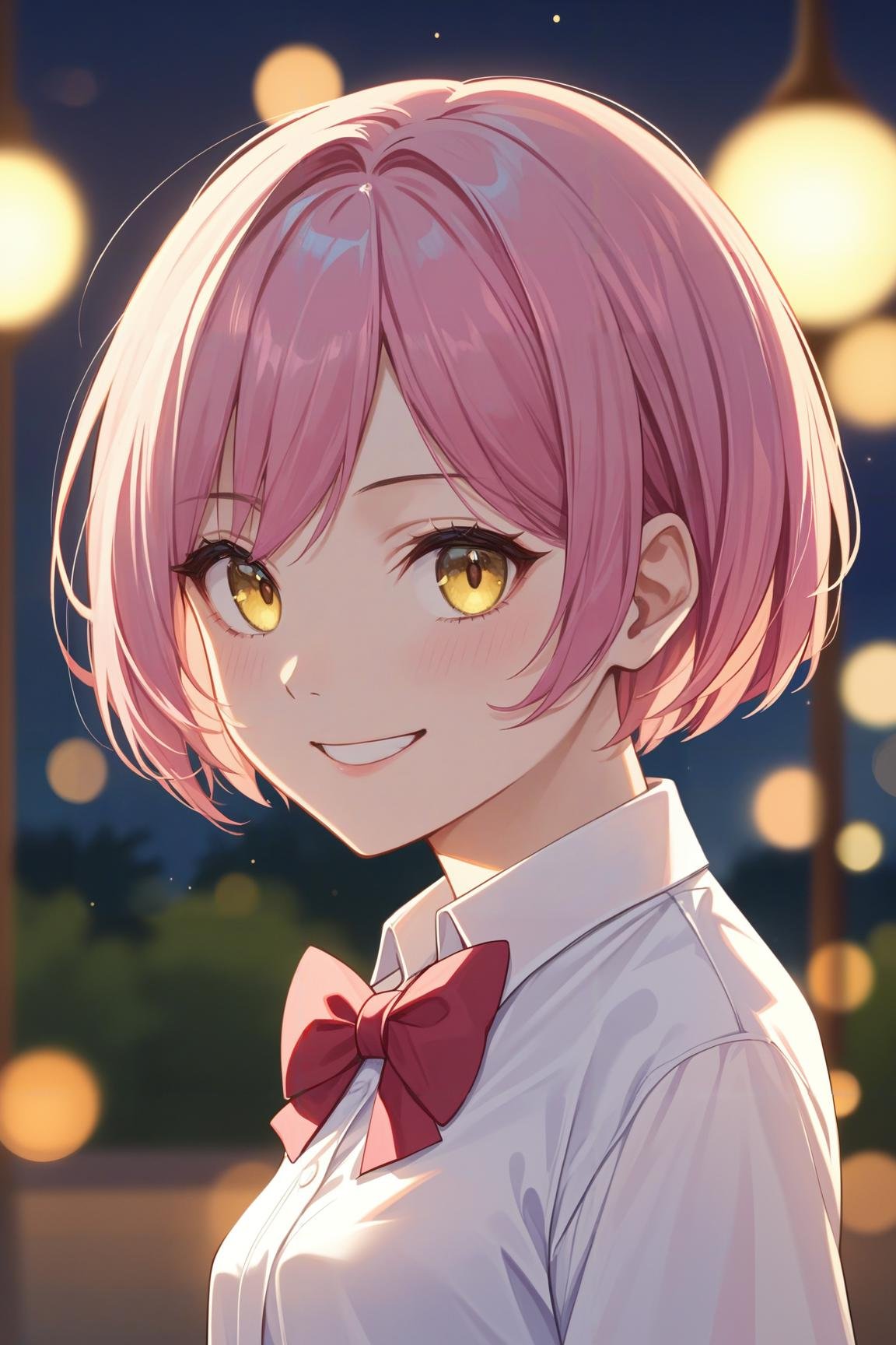 score_9, score_8_up, score_7_up, source_anime, masterpiece, best quality, short hair, pink hair, close-up, yellow eyes, smile, small breasts, bowtie, white shirt, night, bokeh, outdoors,