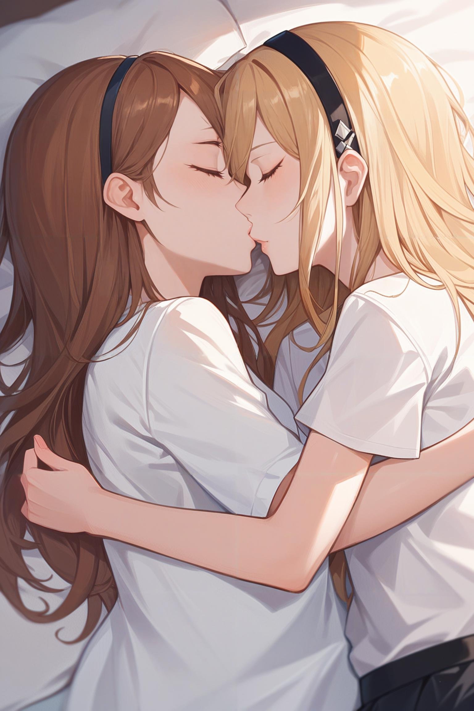 score_9,score_8_up,score_7_up,score_6_up,an-94_(girls'_frontline),multiple_girls,2girls,closed_eyes,yuri,long hair,hairband,kiss,blonde_hair,white shirt,shirt,lying,brown hair,sleeping,closed mouth,