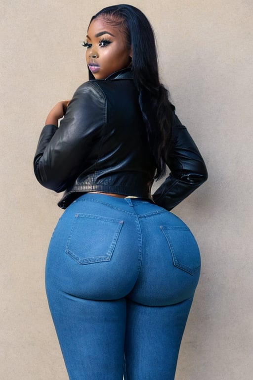 (((African american girl))), 1girl, solo, long hair, breasts, looking at viewer, black hair, long sleeves, closed mouth, standing, jacket, ass, thighs, cowboy shot, open clothes, shiny, looking back, pants, from behind, open jacket, lips, hands up, bodysuit, makeup, thick thighs, own hands together, denim, lipstick, blue jacket, skin tight, pocket, shiny clothes, jeans, nose, emblem, against wall, tight, leather, leather jacket, tight pants, sports bra, black lipstick, black eye shadow,Booty,Masterpiece, gothic eyes