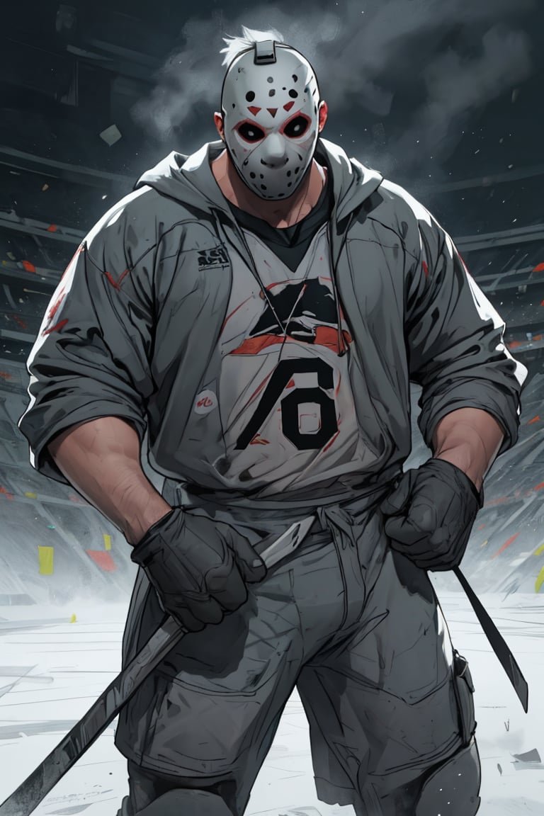 my favorite image of a brute enormous massive masked (jasonmale) in realistic masculline hockeyuniform sportswearon playing hockey at the stadium while the crowd cheer, vivid image with depth of field, ((softglow effect)), vibrant matte colored chiaroscuro extremely smooth clear clean professional uhd image, highres image scan, centrefold, no crop,