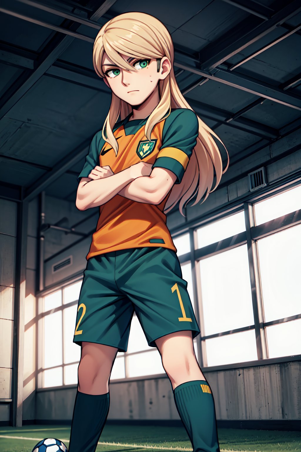 (1boy, (solo, 20yo) , Cole_laRuze, blonde hair, long hair, green eyes, soccer uniform,standing, looking at viewer, crossing arms)