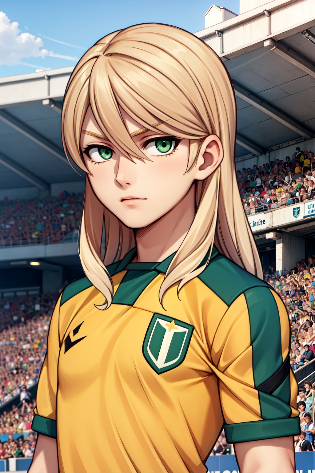 (1boy, (solo, 20yo) , Cole_laRuze, blonde hair, long hair, green eyes, soccer uniform,standing, looking at viewer, upper body)