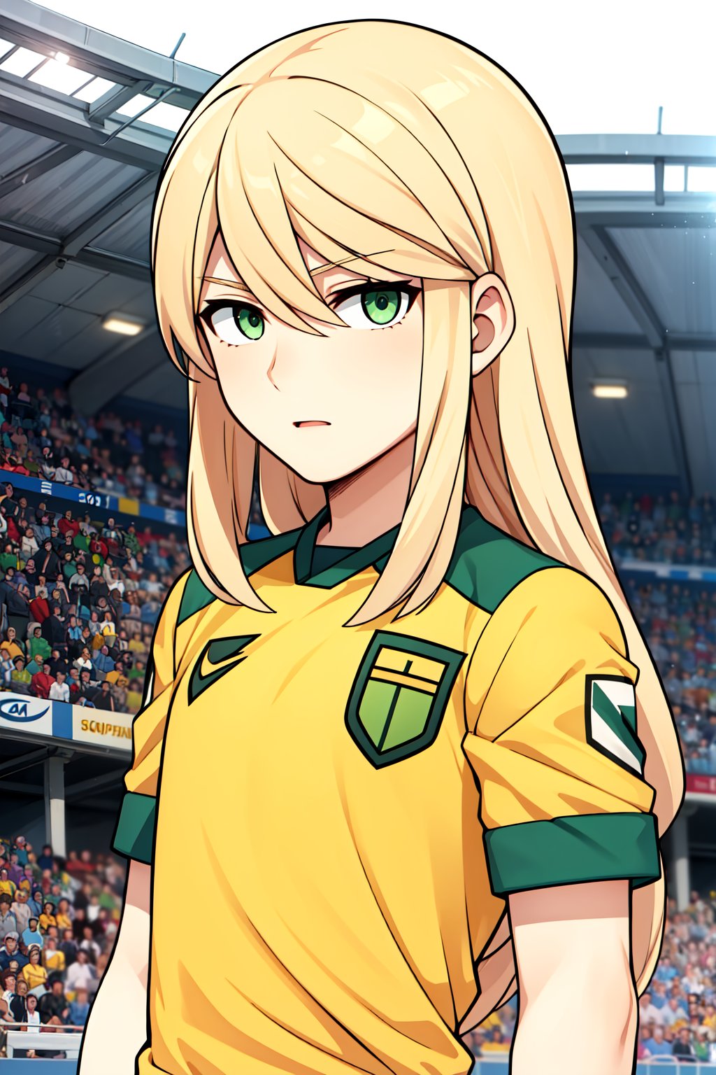 (1boy, (solo, 20yo) , Cole_laRuze, blonde hair, long hair, green eyes, soccer uniform,standing, looking at viewer, upper body)