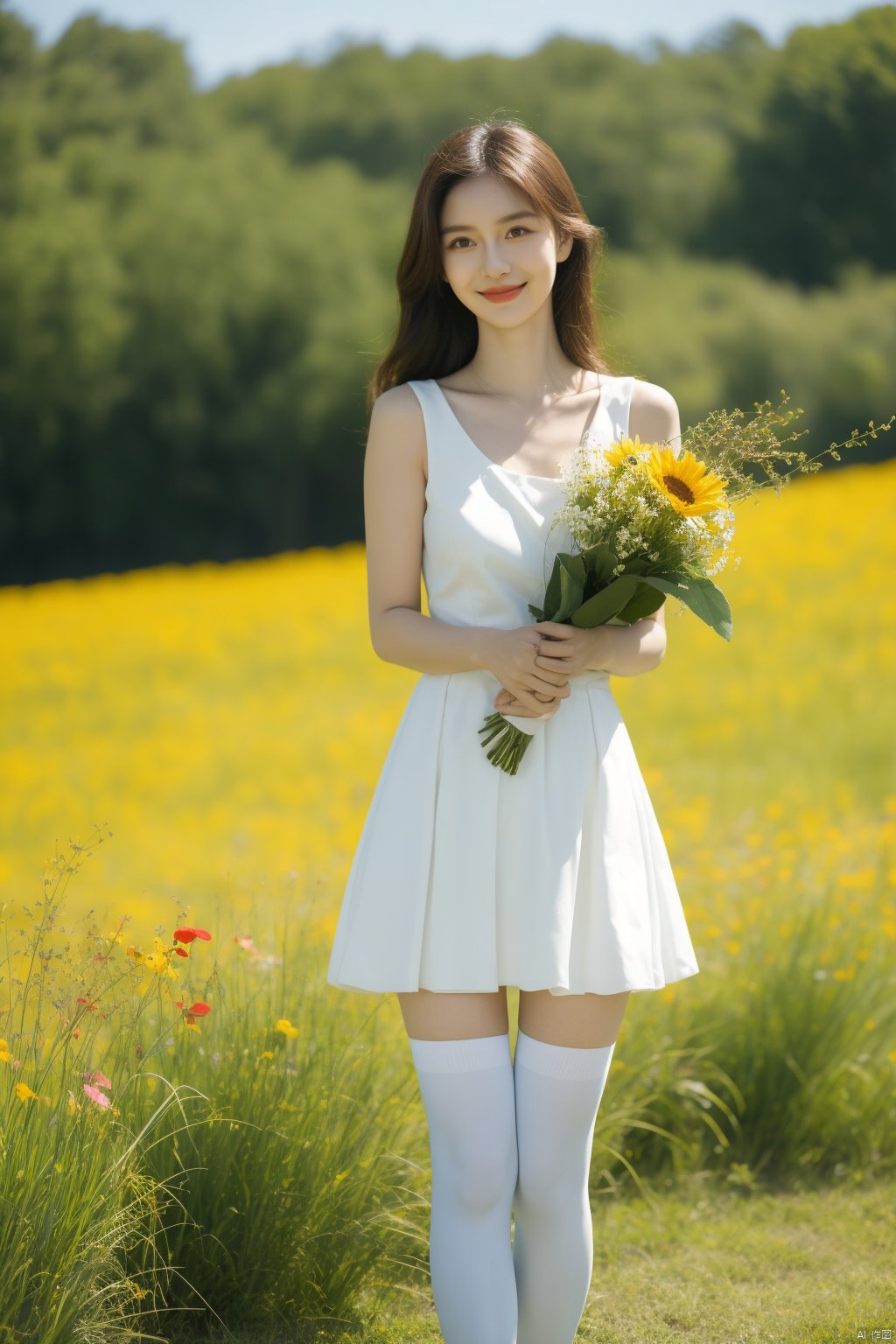  1girl,solo,smile,wearing a JK and holding a bouquet of vivid wildflowers,standing in a field of tall grass with a soft breeze blowing through. The scene should capture the whimsical and carefree style of Sakimichan,with a sense of peace and tranquility in the air
best quality,masterpiece,cute:1.2, FUJI, mLD, hy, white thighhighs,The background should be clear