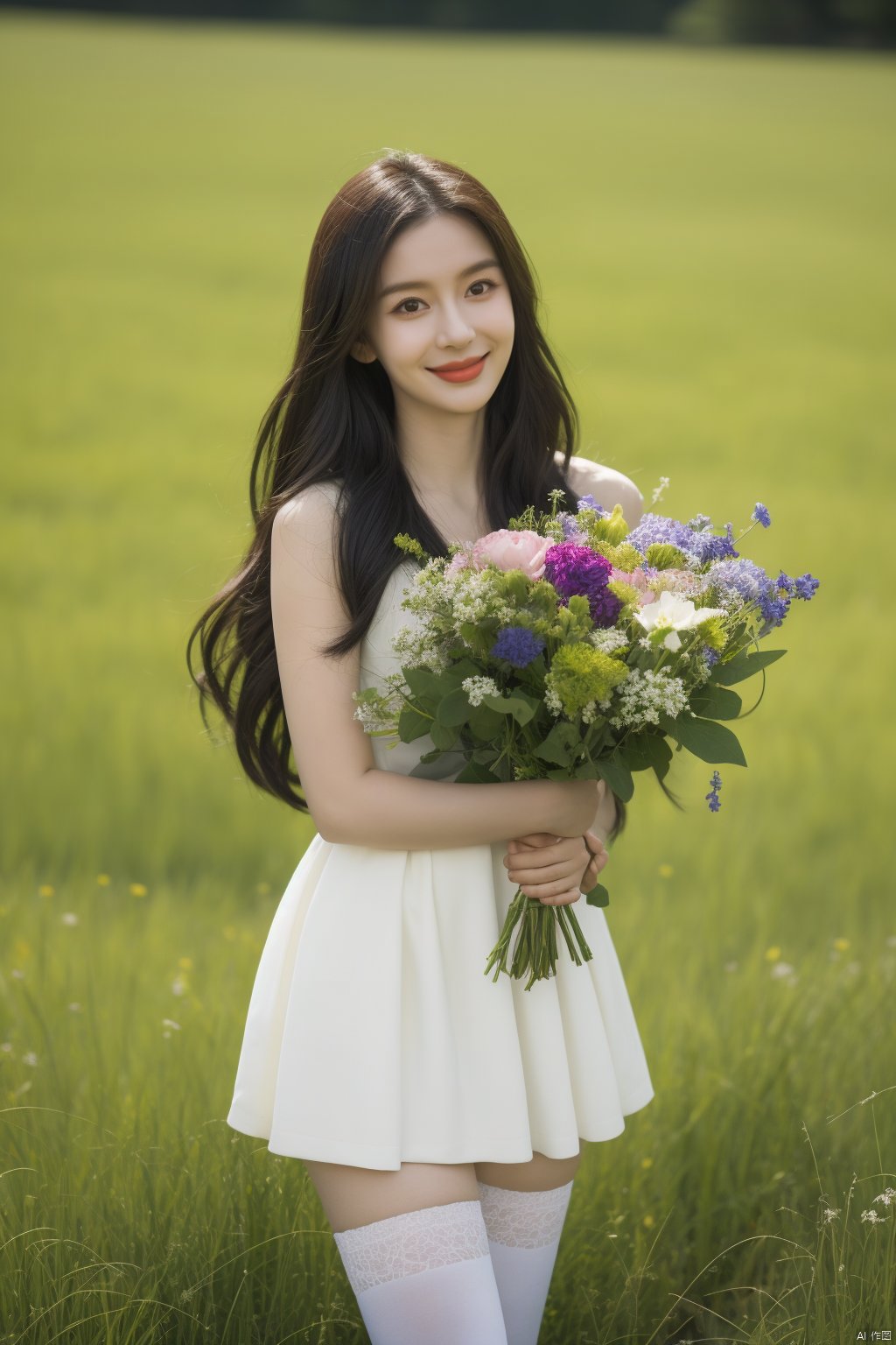  1girl,solo,smile,wearing a JK and holding a bouquet of vivid wildflowers,standing in a field of tall grass with a soft breeze blowing through. The scene should capture the whimsical and carefree style of Sakimichan,with a sense of peace and tranquility in the air
best quality,masterpiece,cute:1.2, FUJI, mLD, hy, white thighhighs,The background should be clear