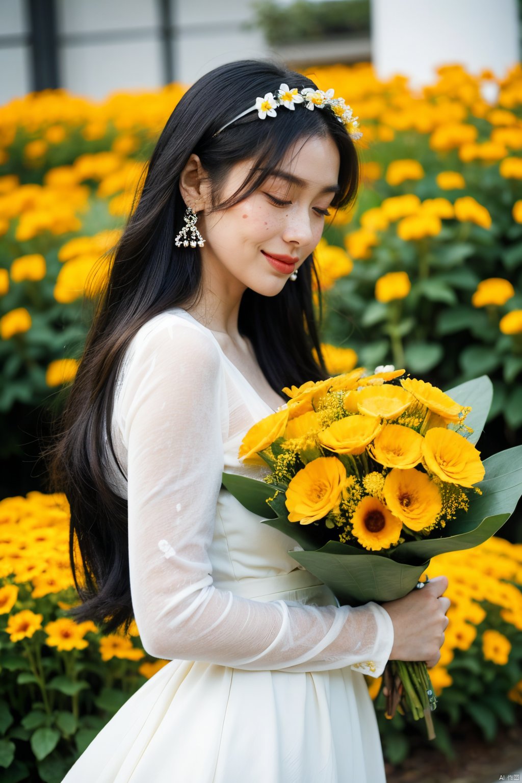  1girl, Freckles,solo, black hair, hair ornament, long sleeves, dress, holding, jewelry, closed mouth, closed eyes, upper body, flower, earrings, outdoors, day, hair flower, medium hair, white dress, blurry, from side, lips, blurry background, bouquet, yellow flower, holding flower, head wreath, holding bouquet, 1girl