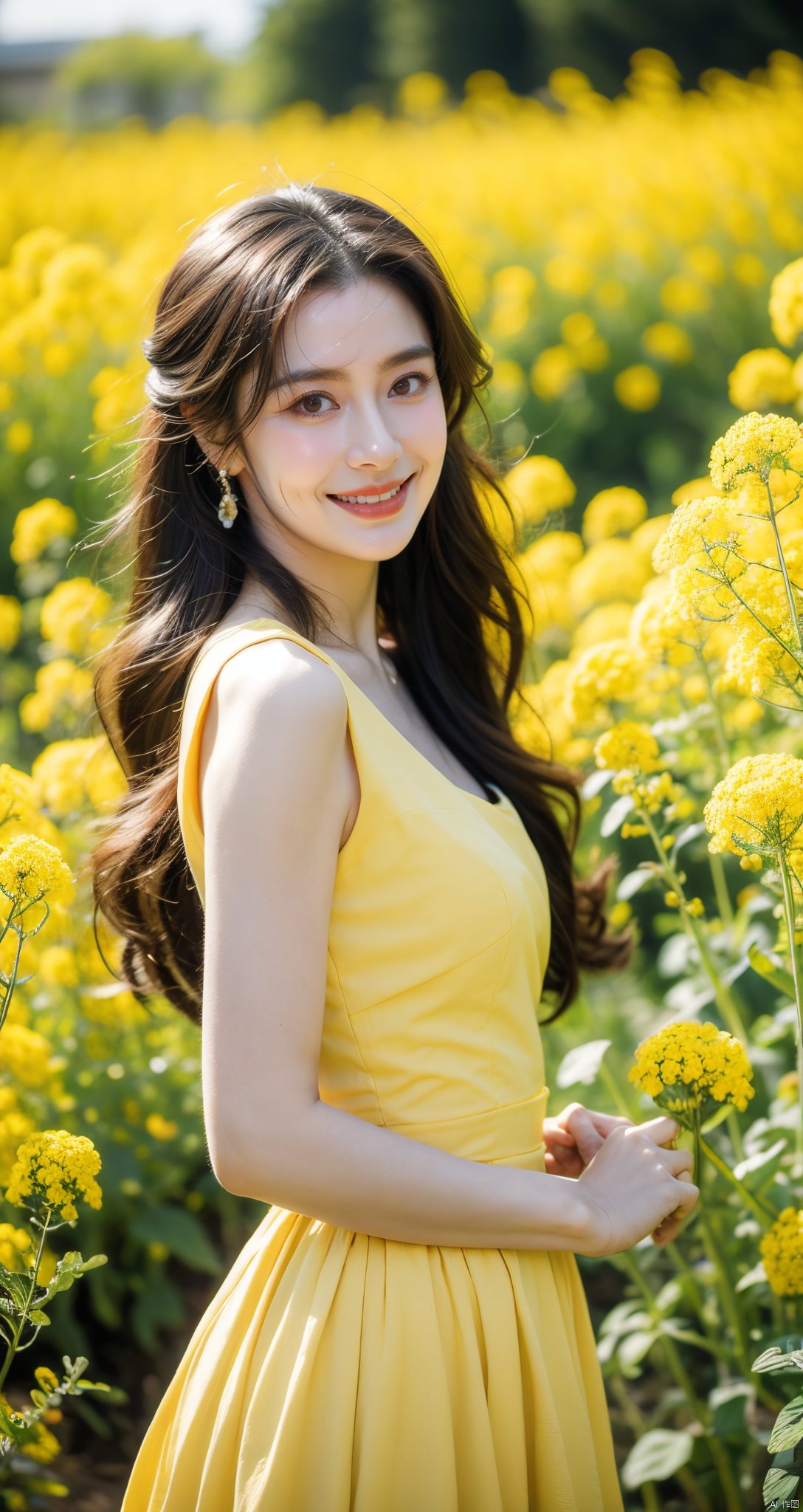  A sexy beauty with a bun, half-body portrait, standing in a sea of rapeseed flowers, charming eyes, sweet smile, surrounded by blooming yellow rapeseed flowers, forming a beautiful picture, high quality picture, full HD picture, 8K resolution, photorealistic, intricate details, sharp focus, vibrant colors, trending on ArtStation, trending on CGSociety, by Greg Rutkowski, Midjourney, Jeremy Mann, Antonio Moro, Ed Blinkey, Atey Ghailan, Studio Ghibli, heart professional majestic oil painting, popular on DeviantArt, concept art, artwork., lvshui-green dress, Light master, (\meng ze\)