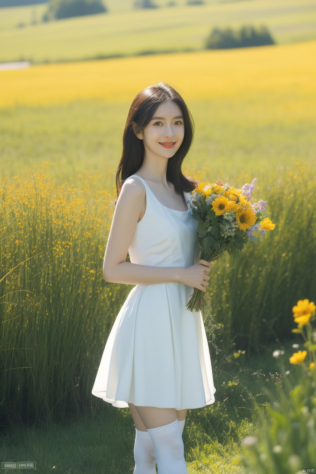  1girl,solo,smile,wearing a JK and holding a bouquet of vivid wildflowers,standing in a field of tall grass with a soft breeze blowing through. The scene should capture the whimsical and carefree style of Sakimichan,with a sense of peace and tranquility in the air
best quality,masterpiece,cute:1.2, FUJI, mLD, hy, white thighhighs,The background should be clear