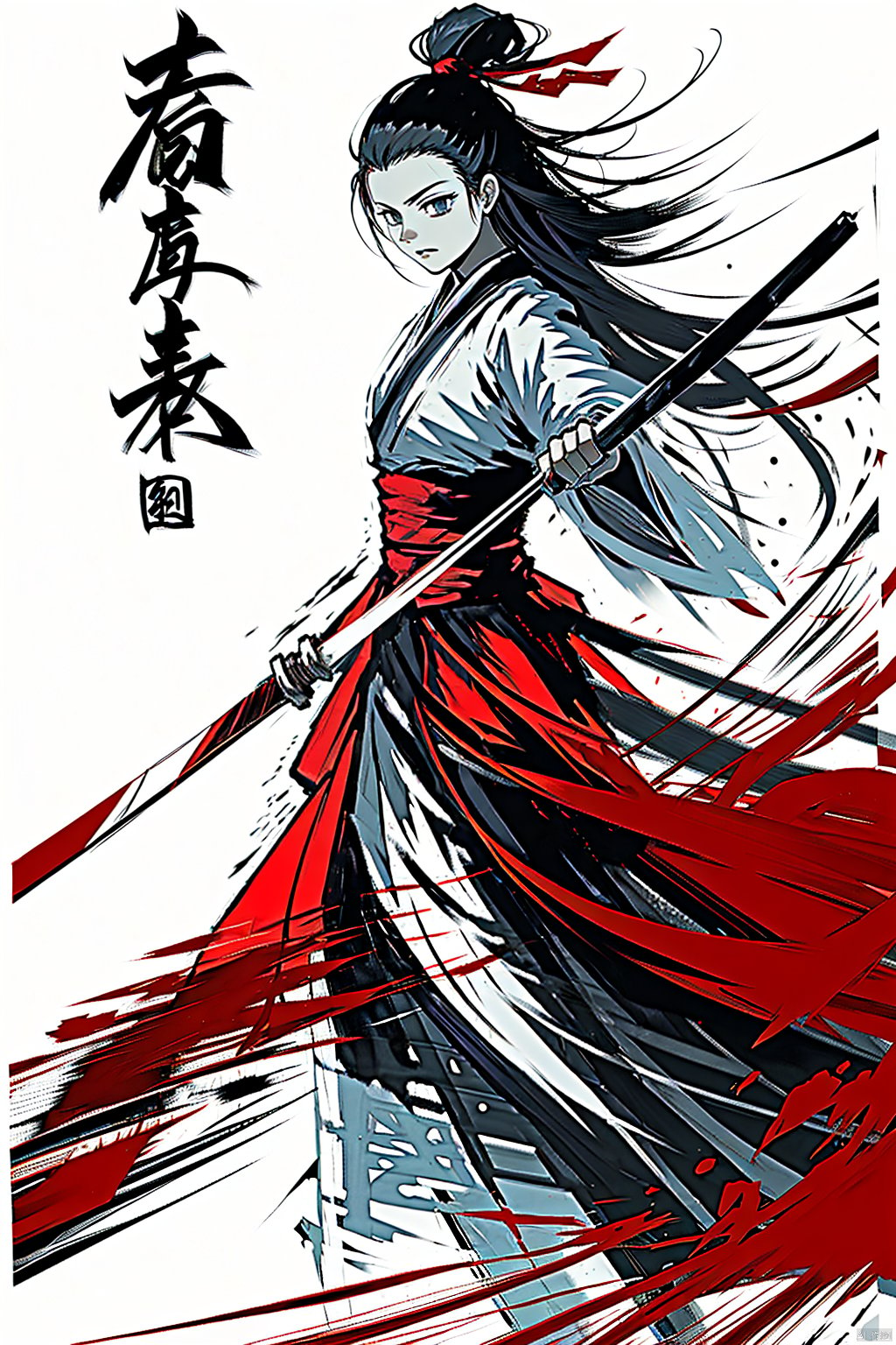  a girl,long hair,black hair,smwuxia,Chinese text,blood splatter,weapon:sw,blood