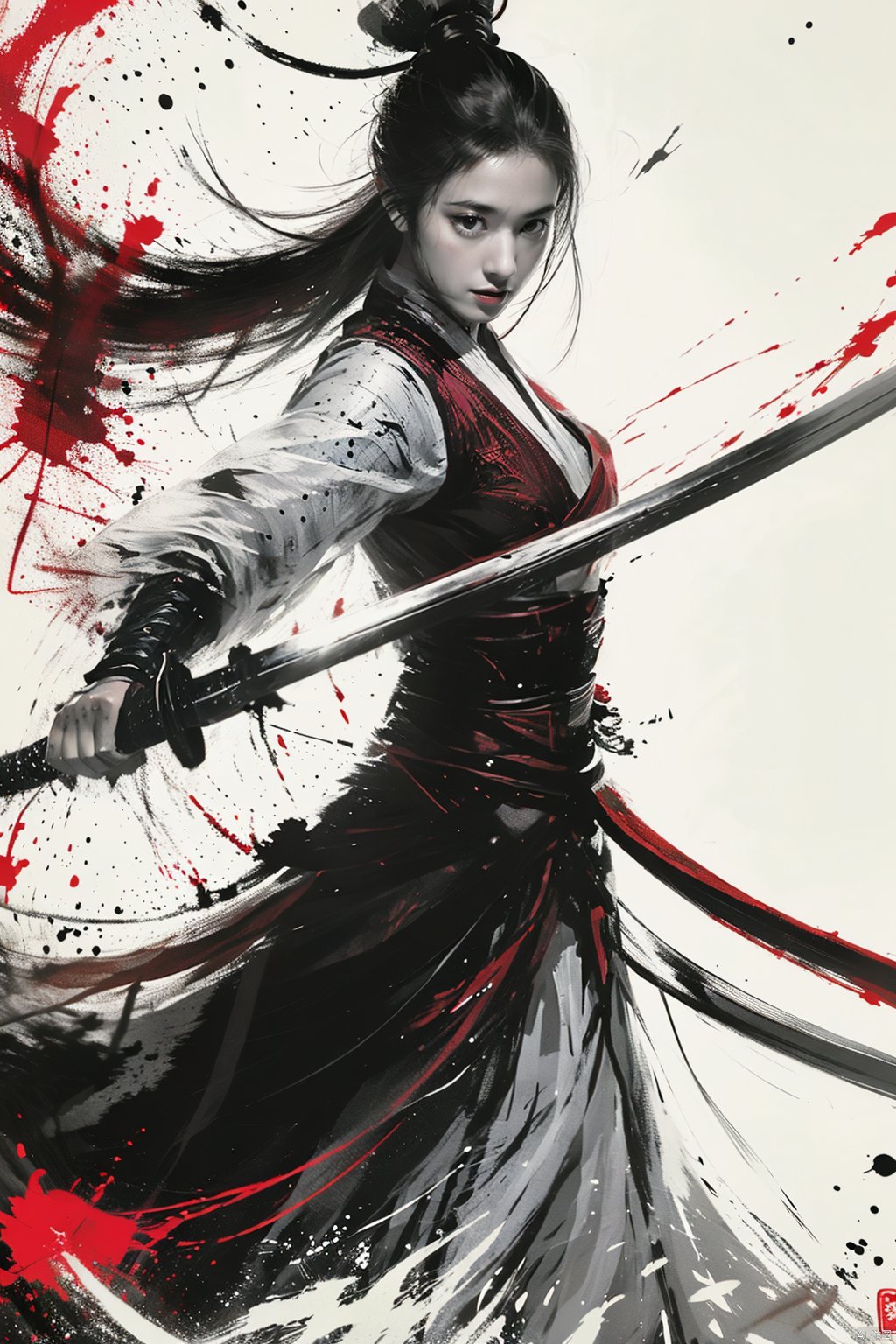  a girl, smwuxia,Chinese text,blood, weapon:sw,blood splatter,motion blur