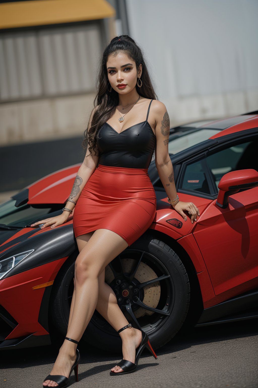 1girl, solo, long hair, black hair, dress, jewelry,  eyes, pantyhose, earrings, necklace, tattoo, blurry background, red dress, ground vehicle, lace, motor vehicle, realistic, Lamborghini Aventador car, arm tattoo, photo background