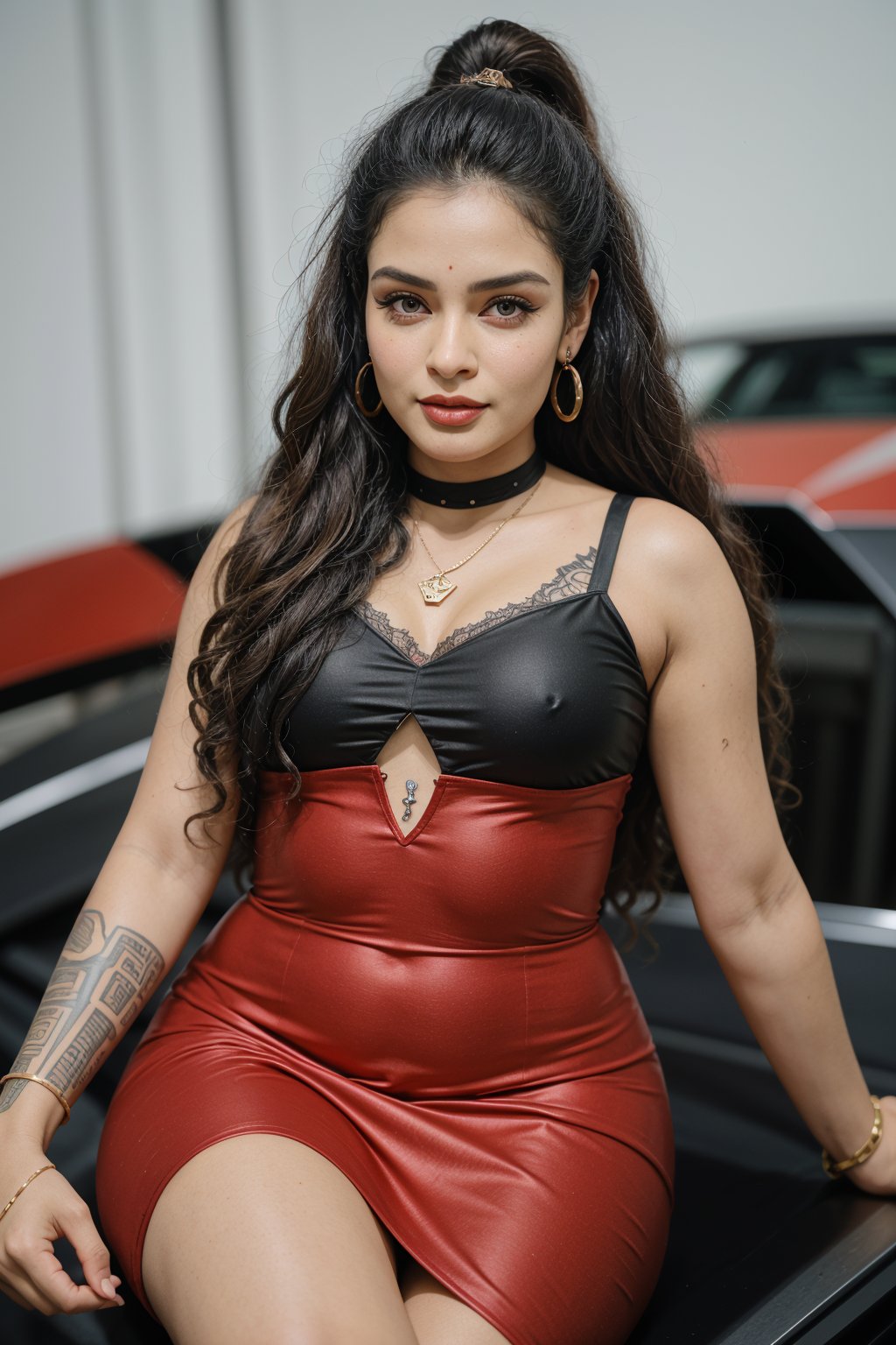 1girl, solo, long hair, black hair, dress, jewelry,  eyes, pantyhose, earrings, necklace, tattoo, blurry background, red dress, ground vehicle, lace, motor vehicle, realistic, Lamborghini Aventador car, arm tattoo, photo background