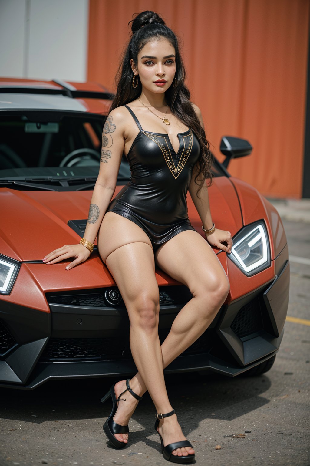 1girl, solo, long hair, black hair, dress, jewelry,  eyes, pantyhose, earrings, necklace, tattoo, blurry background, red dress, ground vehicle, lace, motor vehicle, realistic, Lamborghini Aventador car, arm tattoo, photo background