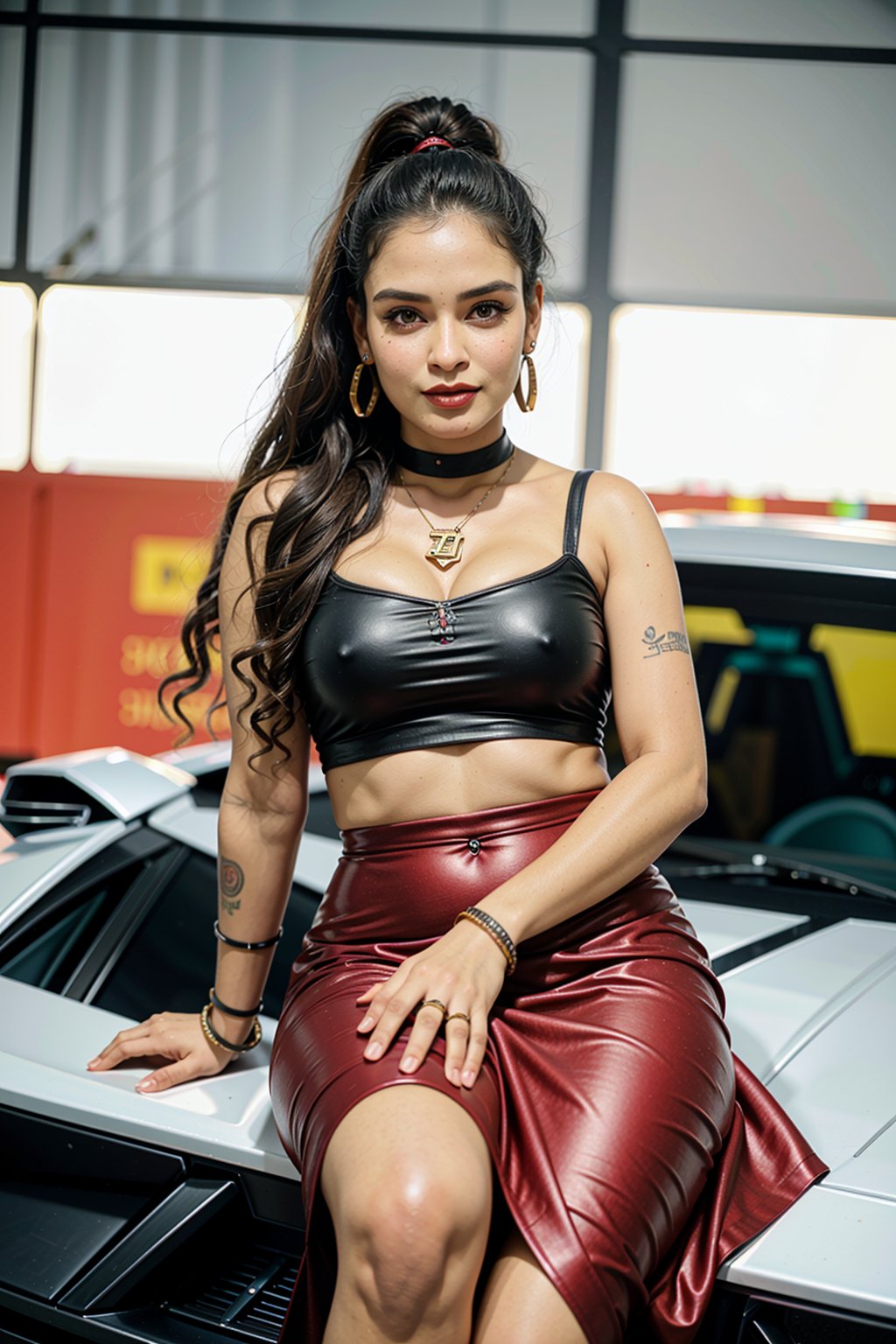 1girl, solo, long hair, black hair, dress, jewelry,  eyes, pantyhose, earrings, necklace, tattoo, blurry background, red dress, ground vehicle, lace, motor vehicle, realistic, Lamborghini Aventador car, arm tattoo, photo background