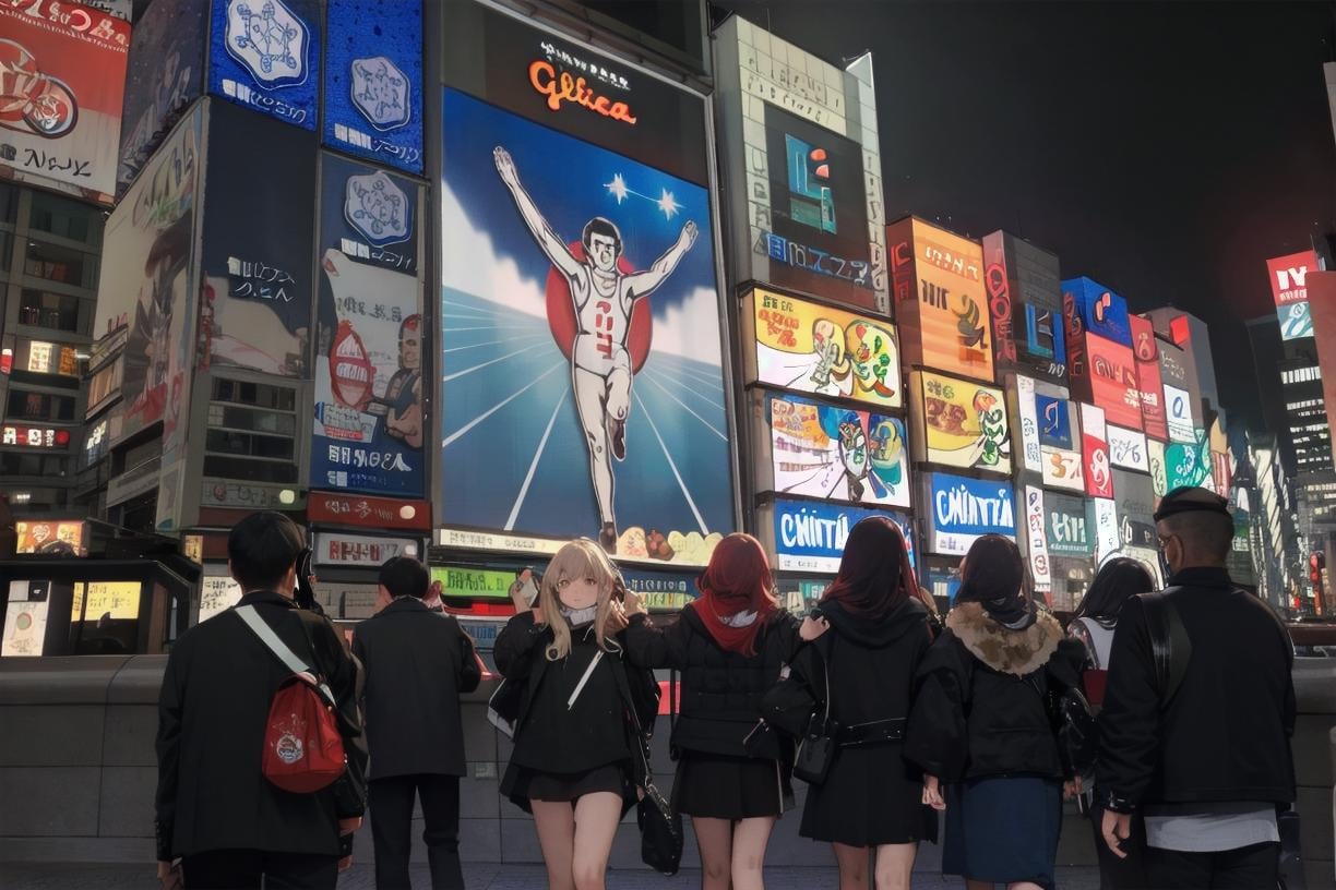 best quality, ultra high res, cinematic, emotional, harmonious, vignette, highly detailed, high budget, bokeh, cinemascope, moody, epic, gorgeous, film grain, grainy,glico, osaka, japan, scenery, real world location, poster, (object), building, outdoors, realistic, photo background, neon light, neon sign, night, night sky, cityscape, city lights, skyscraper, <lora:grico_osaka_SD15_V4:1>