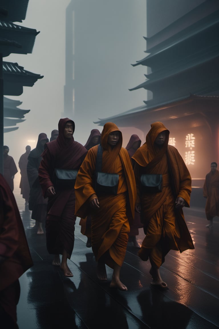 candid closeup shot of group of asian monks
 walking in the dystopian city during an overcast day, atmosphere is dark and ominous, with a misty environment and low contrast muted color tones. shot on a 500mm zoom lens, with a shallow depth of field, creating a lens flare,  background is a silhouette of buildings, shrouded in atmospheric fog, dramatic lighting, cinematic asthetic, captured in 4K UHD, captivating visuals, inspired by blade runner 2049 movie still,more detail XL
