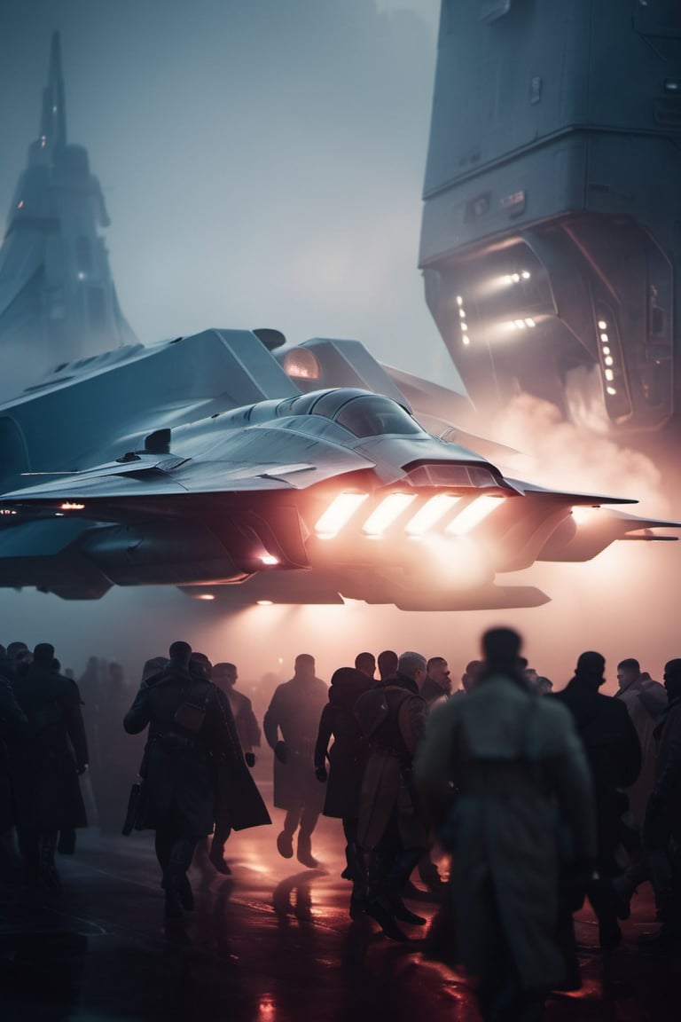 closeup shot of fight aircraft, in futuristic and sci-fi city, during twilight, dramatic, moddy, misty environment, low contrast muted colour tones, shot on a 500mm zoom lens, with a extreme shallow depth of field, creating a dreamy lens flare, shrouded in atmospheric fog, cinematic masterpiece, film noir asthetic, inspired by Christopher Nolan