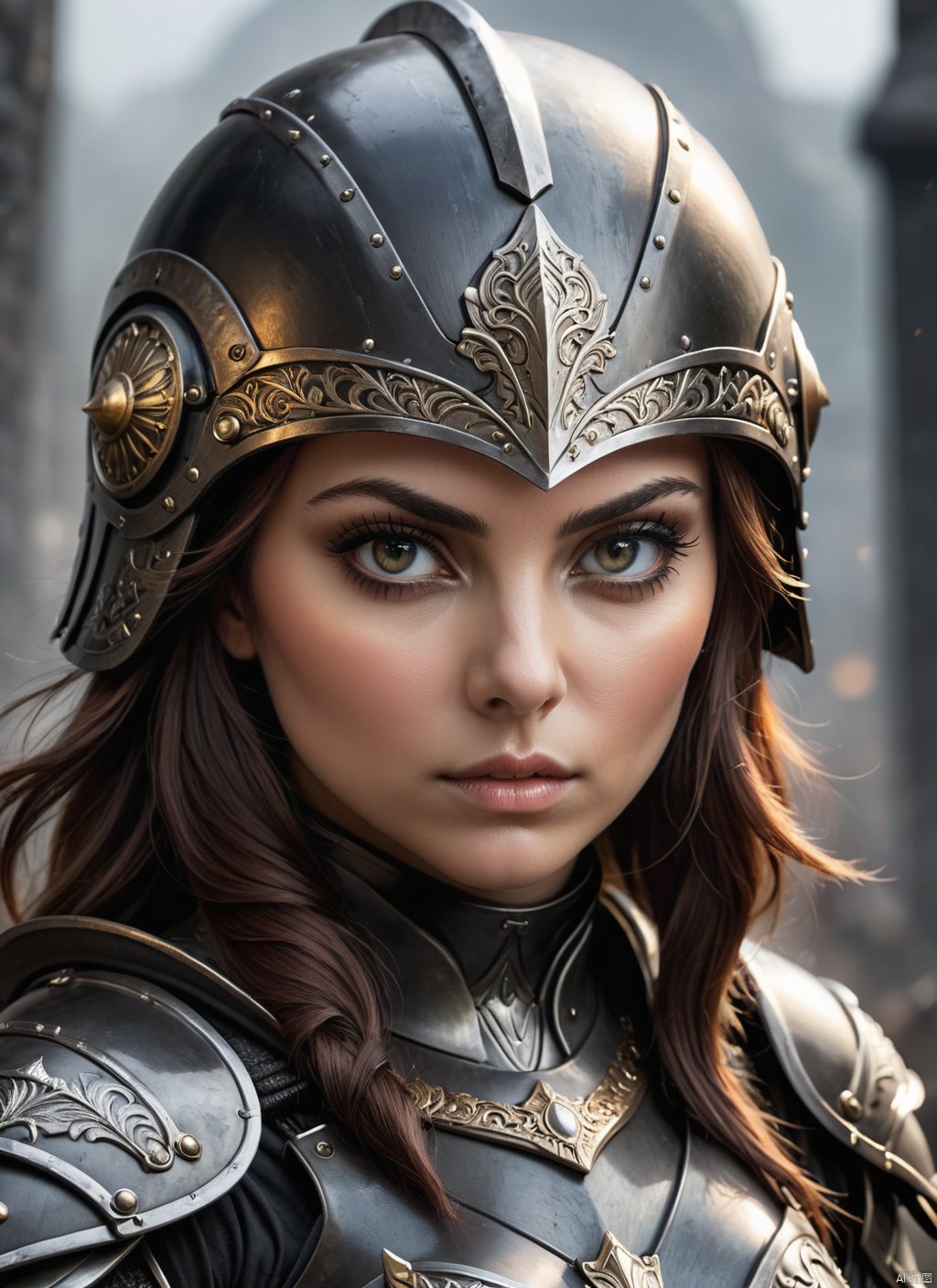 ((best quality)), ((masterpiece)), (detailed), beautiful face, female warrior, (defiance512:1.2), big eyes, heavy black iron armor, detailed helmet, intense gaze, battle-ready, contrasting soft skin, (lighting:1.2), close-up portrait, 4:3 aspect ratio