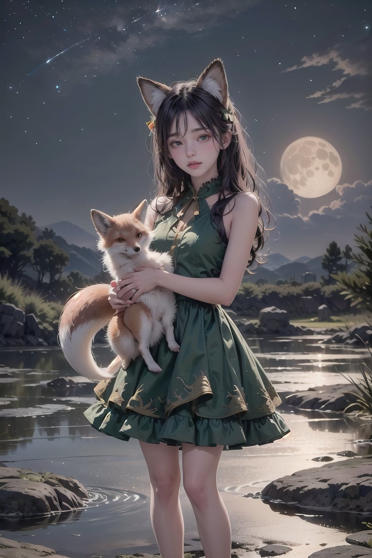 The (girl with fox ears) in a ((green frilly dress) with (red ribbons)), she carries a ((small fox)) in her arms, her (long orange hair) flowing in the wind, standing on transluscent (blue rocks), the (small fox) is sleeping, silvery water pond, under the starry night sky, dark blue mountains far away, big moon, (crescent moon) , beautiful, lavish, ephemeral, dull body portrait, fantasy, ultrarealism, , ultra-detail, (highres:1.1), best quality, (masterpiece:1.3), beautiful, hires, absurdres
