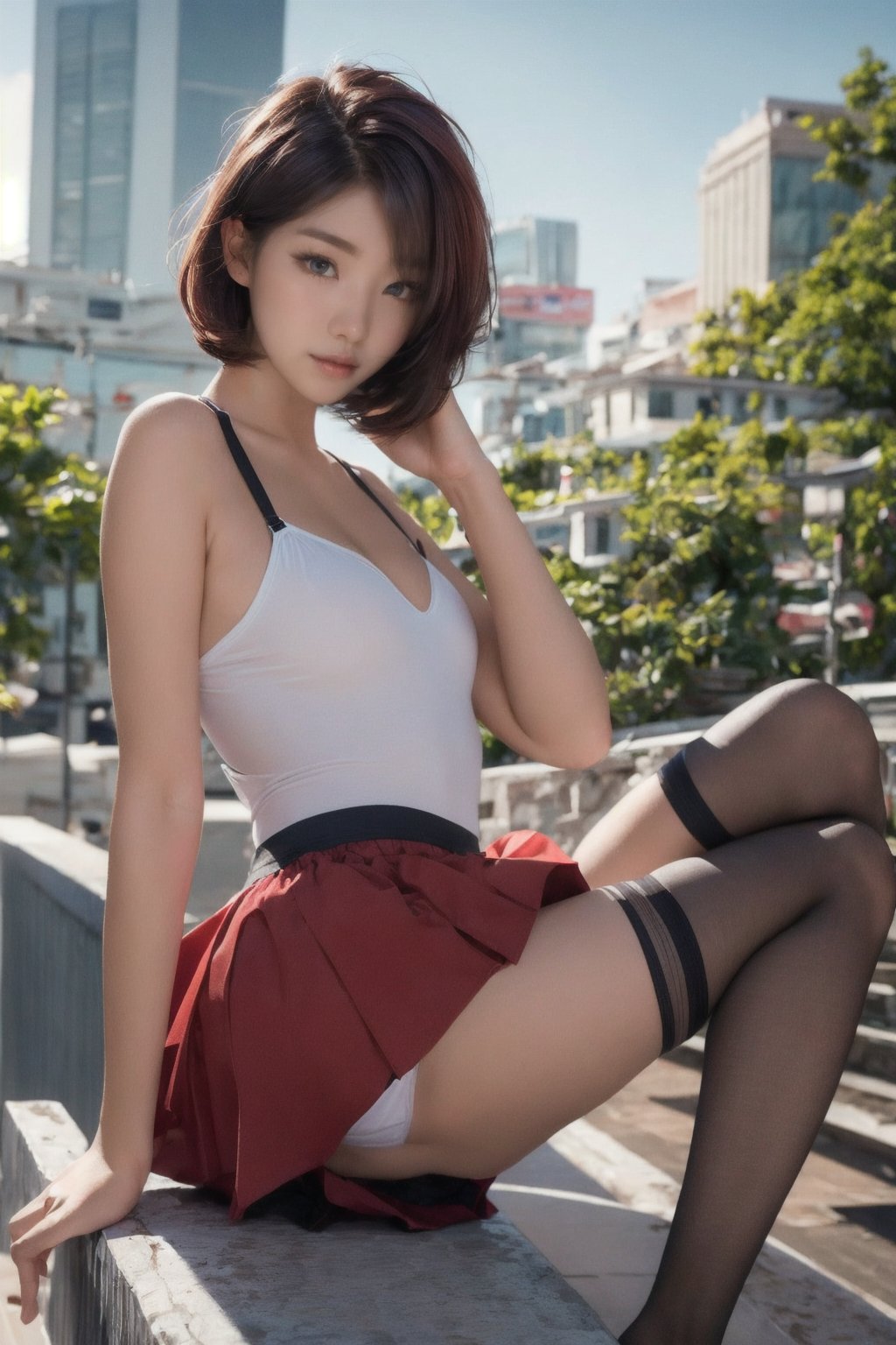 1 girl, full body to toes,(dynamic pose:1.4),underwear,very bright backlighting,spotlight from bottom, solo,{beautiful and detailed eyes},High school girl's breasts, calm expression, natural and soft light, Blunt Bob with Invisible Layers hair, delicate facial features, Blunt bangs, beautiful korean girl, eye smile,  18yo, ((model pose)), Glamor body type,(colorful hair, Half red and half dark brown hair:1.5), flim grain, realhands, masterpiece, Best Quality, photorealistic, ultra-detailed, finely detailed, high resolution,very Stacked Straight Bob Hair, perfect dynamic composition, beautiful detailed eyes, asian girl,((nervous and embarrassed)),sharp-focus,  beautymix, FilmGirl,cute devil smile,(wearing a Minipants Sports Shorts and white bikini bra),(The skirt was little blown up by the wind),one-piece swimsuit short legs,shy little smile,(shorthair:1.4),very long legs with balck thigh-high stockings,walking in the rushhour city,red school bag,spread legs,portrait,ppr,soilder clothes,Asian Girl