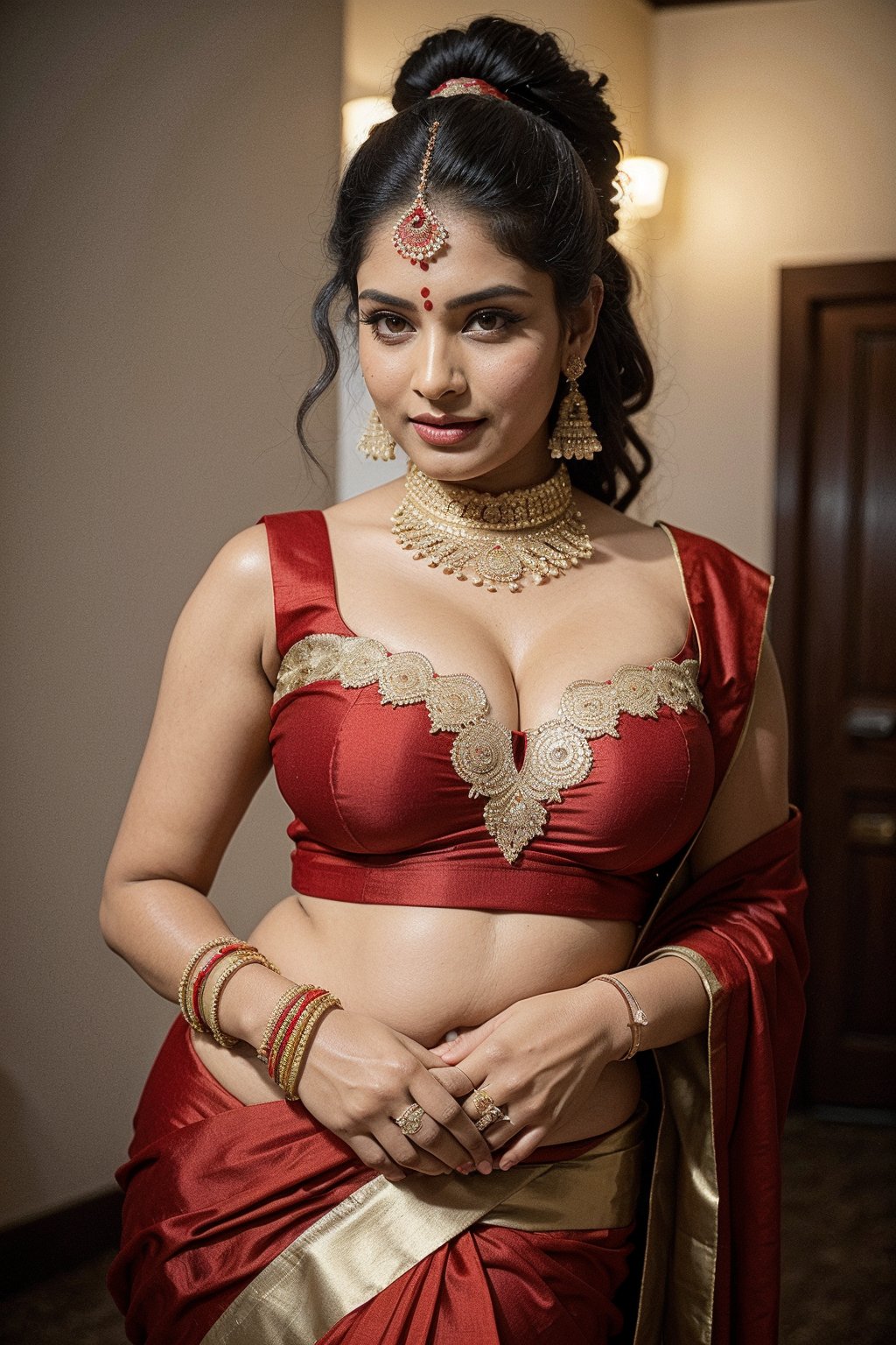 there is a woman in a red sleeveless sari posing for a picture, ((big busty, large breast, juicy cleavage)), wearing a sari, dressed in a sari, wearing sari, provocative indian, attractive pose, posing, very seductive pose, sari, stylish pose, seductive pose, doing an elegant pose, posing elegantly over the camera, wearing a steampunk sari, indian super model, traditional beauty, indian, beautiful pose,xyzsanbridaldress, realism,sari,photorealistic