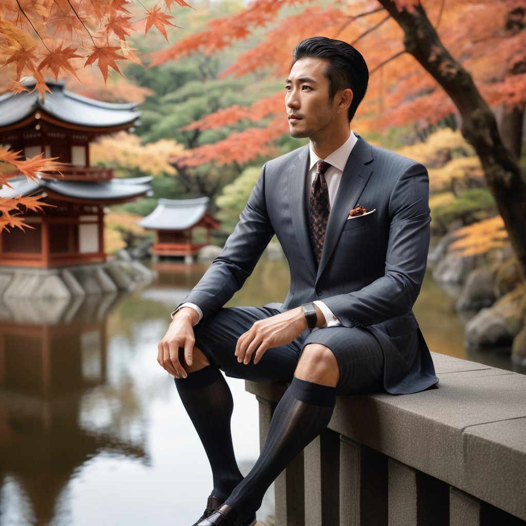 A photorealistic image of a stylish gentleman sitting on a balustrade in Kyoto's autumn scenery. The 178cm tall japanese man wears an Italian wool pinstripe suit with a patterned necktie and shorts, complemented by black over-the-calf cotton socks with vertical stripes and formal shoes. His hands rest on his legs which are spread apart as he looks aside, showcasing his relaxed demeanor. In the blurred background, maple trees tower above, their leaves rustling in the gentle breeze. The subject's attention is drawn to a subtle yet prominent maple leaf, adding a touch of whimsy to the scene.