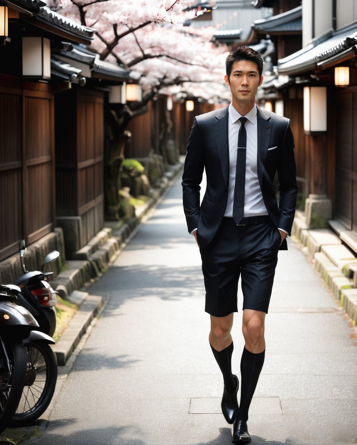 1guy, full body, handsome japanese suit guy walking along a narrow alley, photorealistic, RAW, soft lighting, wearing black over the calf socks with white vertical stripe, wearing bermuda shorts, editorial, look to the front, 178cm tall, blurred background, wearing shorts, striped shirt, large bulge, cherry blossom, cherry tree, japanese,  black formal shoes, kyoto, feeling unsafe