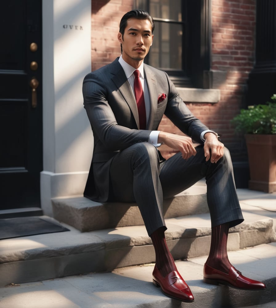 1guy, full body, suit guy sitting in front of the stone step of New York row house,  photorealistic, RAW, soft lighting, wearing over the calf socks with red vertical stripe, italian wool black pintripe suit, young asian with moustache, pulling socks, brown formal loafers, editorial, look at the viewer, 180cm tall, solo focus, blurred background, zoom in to the men