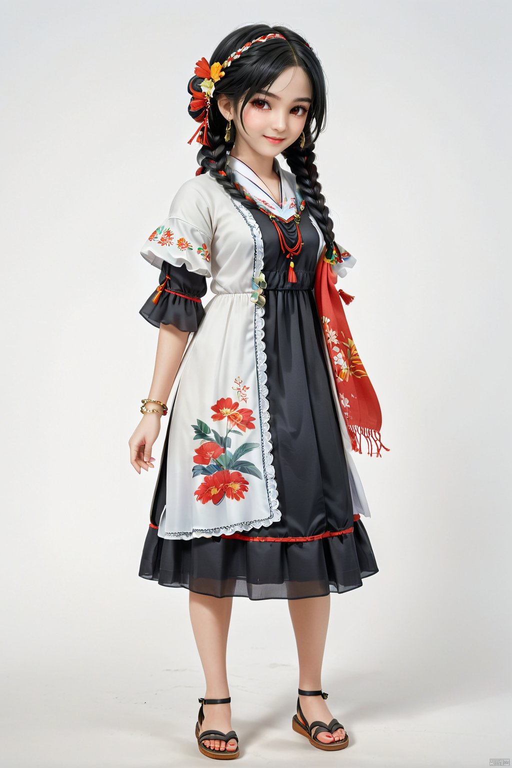  (best quality), ((masterpiece)), (highres), illustration, original, extremely detailed,1girl, solo, long hair, braid, red eyes, black hair, sandals, head scarf, traditional clothes, dress, white background, jewelry, twin braids, earrings, full body, simple background, looking at viewer, smile, floral print, jujunaught style, PVC rendering figure, 35mm film photography