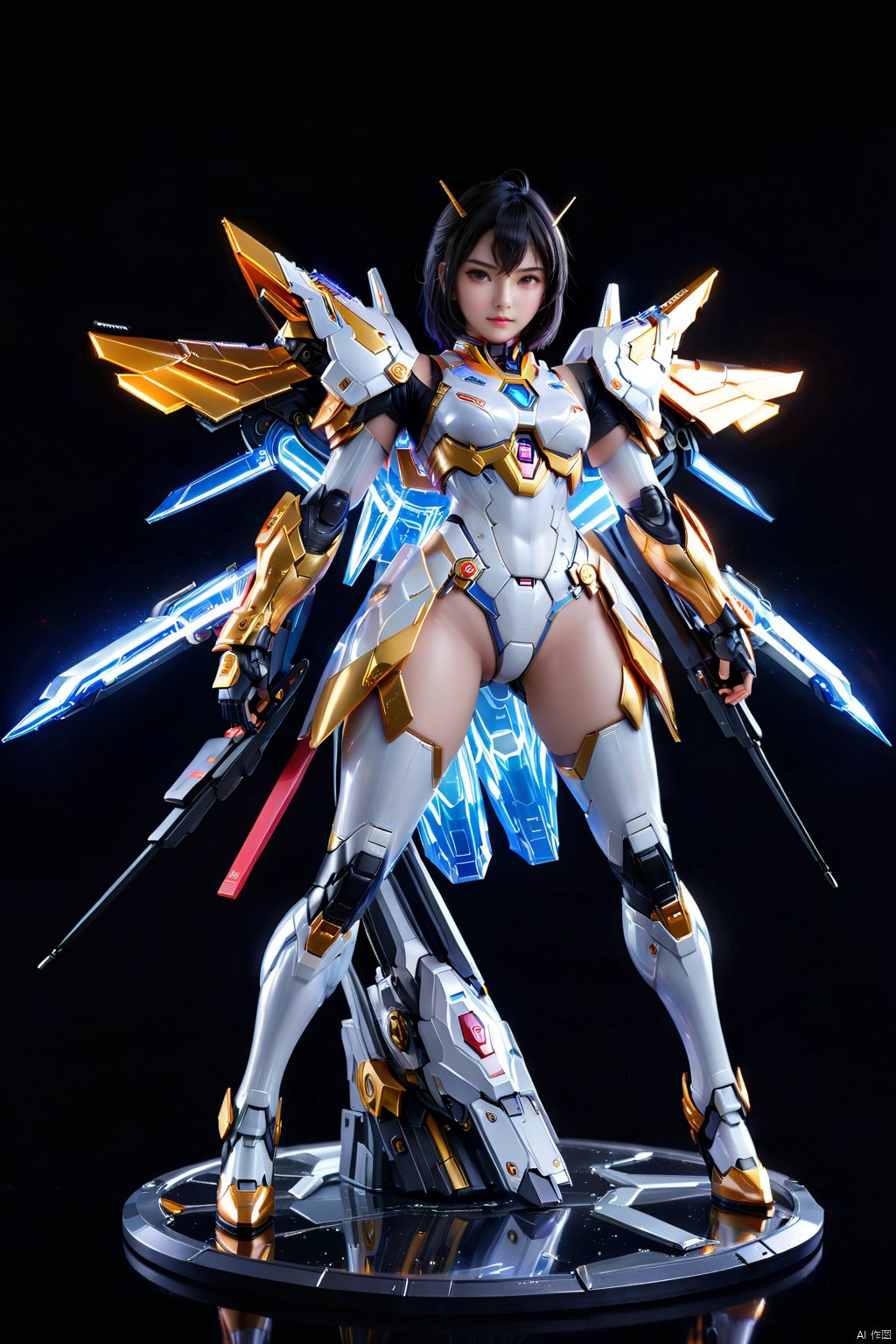  (1girl:1.3),full_body,gundam,highly realistic,glassy translucence,graceful, pose, blink-and-you-miss-it detail,Sci-fi light effects,(Illuminated circuit board:1.6),rich colors,gorgeous colors,colorful, with light beams on the face, tianqi, tqj-hd, 3D, (RAL-VLNTXPLZN and completely explosion), PVC rendering figure, PVC rendering figure and pedestal