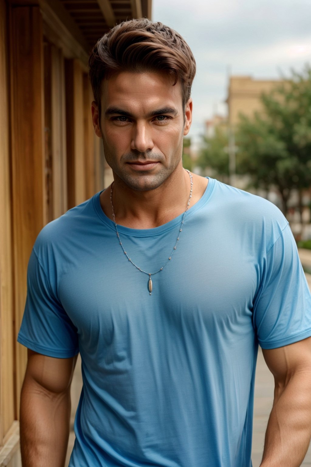  Photo upper body, skin clear, 8k, high_resolution, Masterpiece, background simple, looking at viewer,Photorealistic, necklace, t-shirt ,Youngman,  ,1guy,Handsome guy