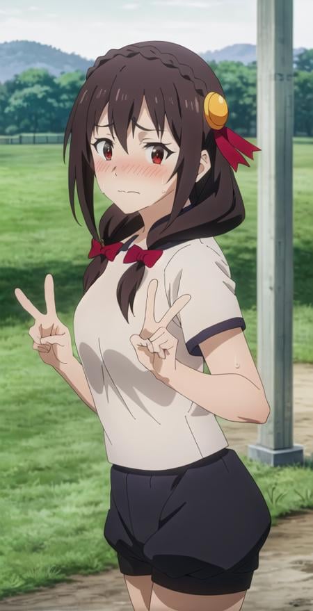 YunyunV2, 1girl, solo, portrait, looking at viewer, gym uniform, white shirt, shorts, hair ribbon, hair ornament, outside, embarrassed, blushing, sweat, awkward pose,  peace sign hands, perfect quality, good quality, masterpiece, HDR, UHD <lora:Yunyun V2-000003:0.8>