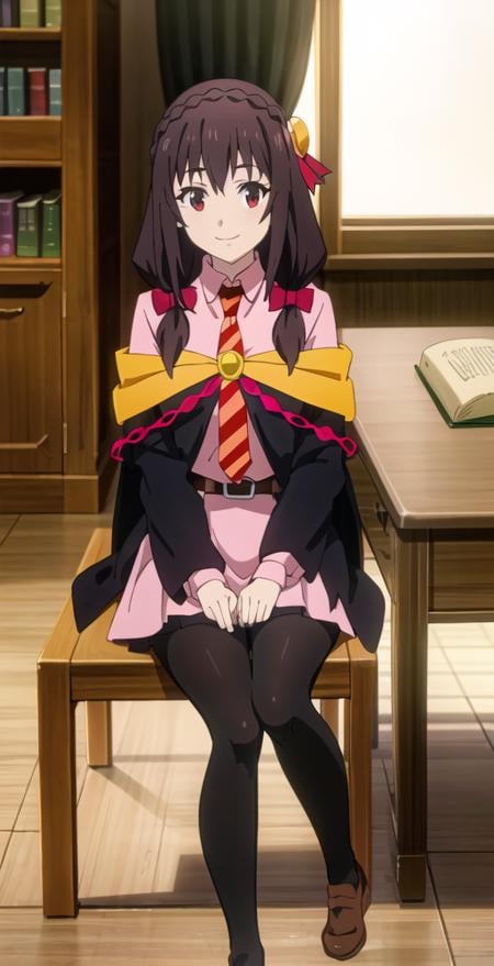 YunyunV2, 1girl, solo, portrait, looking at viewer, smile, crimson demon uniform, pink shirt, hair ribbon, striped necktie, belt, pantyhose, off shoulder cloak, cape, hair ornament, skirt, loafers, library, sitting at desk, perfect quality, good quality, masterpiece, HDR, UHD <lora:Yunyun V2-000003:0.8>